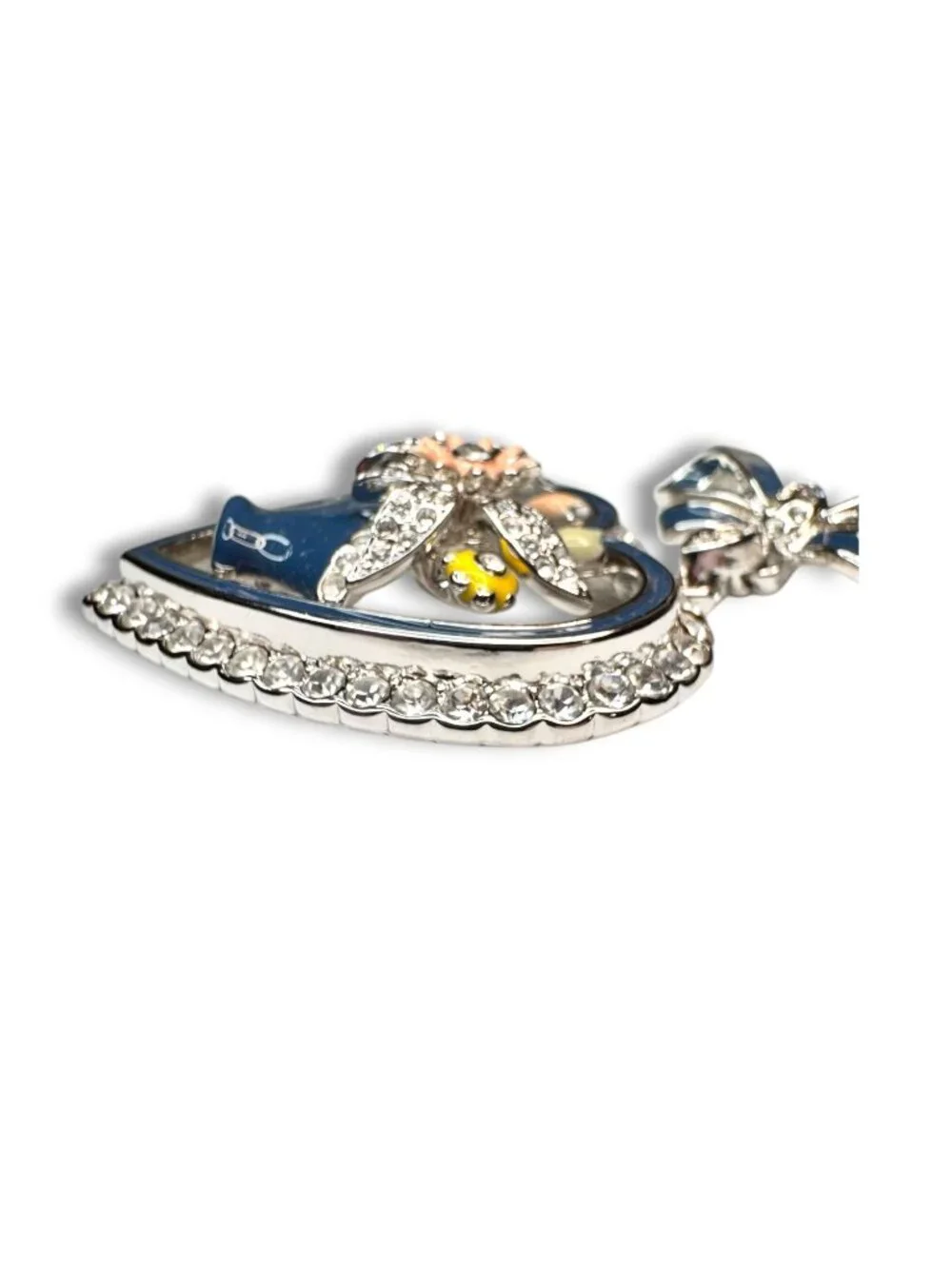 HSM Enamel Rhinestone Heart Bow Brooch 1992 Dangle Floral